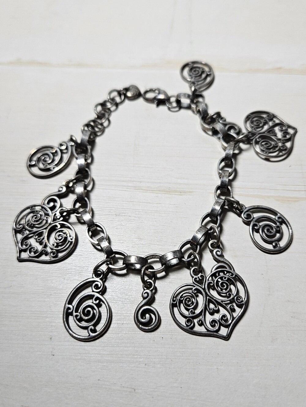 Brighton Loves Crest Charm Bracelet Silver Filigree Hearts Scroll Retired Rare